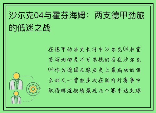 沙尔克04与霍芬海姆：两支德甲劲旅的低迷之战