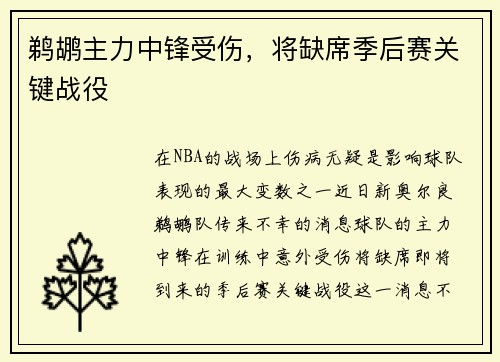 鹈鹕主力中锋受伤，将缺席季后赛关键战役