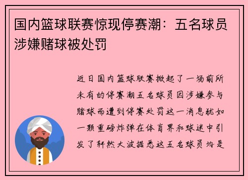国内篮球联赛惊现停赛潮：五名球员涉嫌赌球被处罚