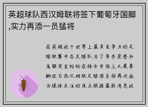 英超球队西汉姆联将签下葡萄牙国脚,实力再添一员猛将