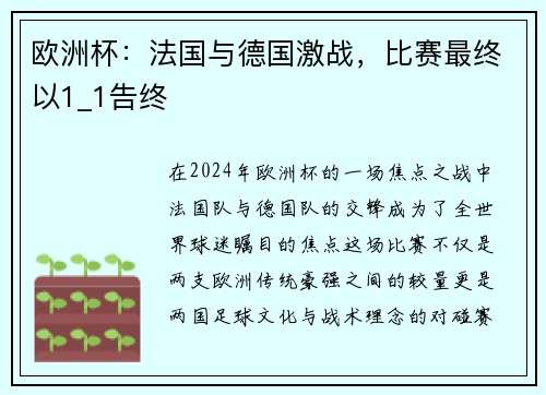 欧洲杯：法国与德国激战，比赛最终以1_1告终