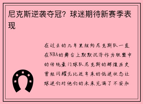 尼克斯逆袭夺冠？球迷期待新赛季表现