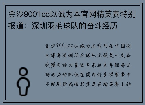 金沙9001cc以诚为本官网精英赛特别报道：深圳羽毛球队的奋斗经历