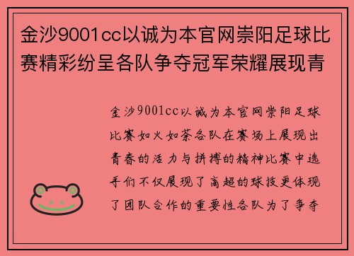 金沙9001cc以诚为本官网崇阳足球比赛精彩纷呈各队争夺冠军荣耀展现青春风采